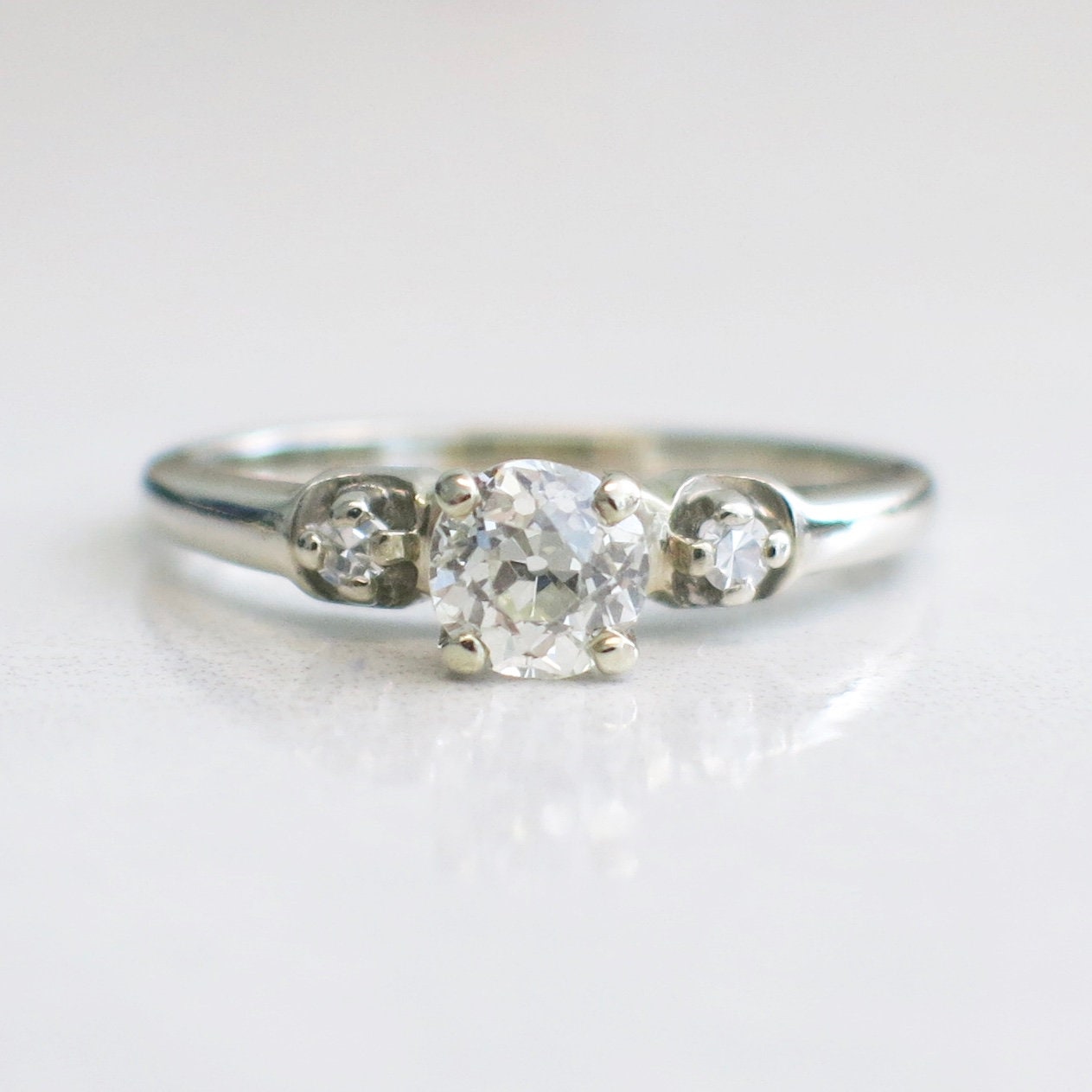 14K White Gold Old European Cut Diamond Engagement Ring | Vintage Antique Solitaire Style Size 7.5 - Black Market LLC