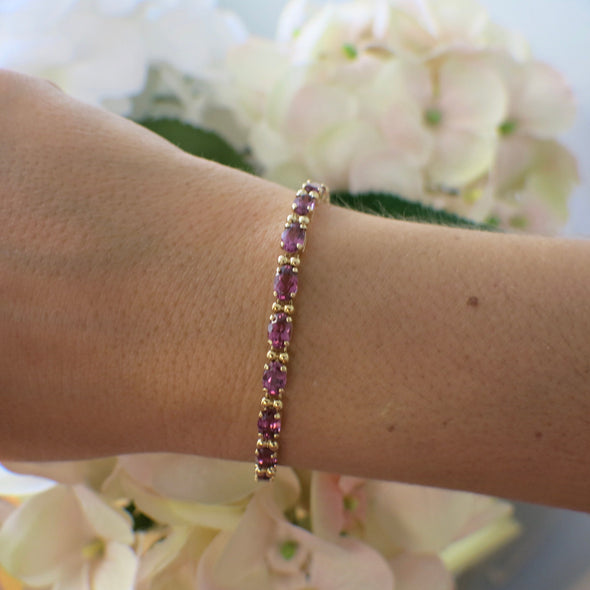 14K Yellow Gold Rhodolite Garnet Tennis Bracelet, Oval East West Set, Purple Red Gemstone, January Birthstone Jewelry