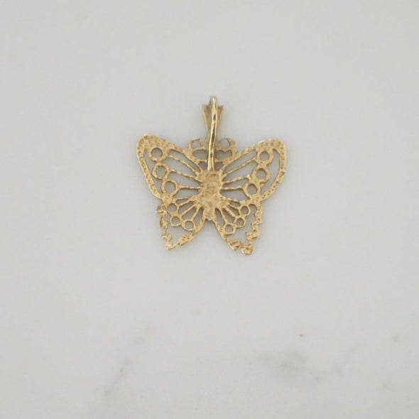 14K Yellow Gold Butterfly Pendant | Vintage Filigree Necklace Charm 7/8 Inch