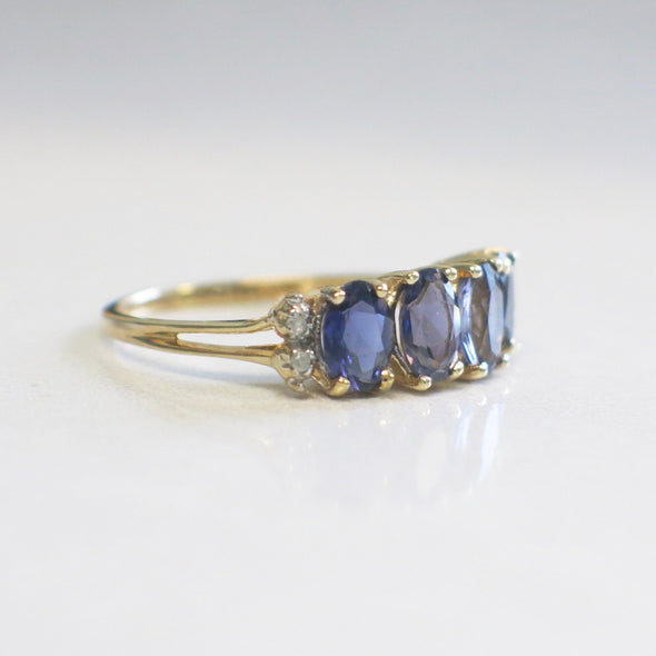 10K Gold Tanzanite and Diamond Ring Oval Four Stone Band Size 6.75