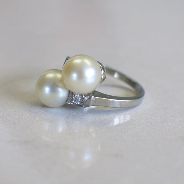 Vintage Pearl and Diamond Ring | 14K White Gold Two Stone Milgrain Design