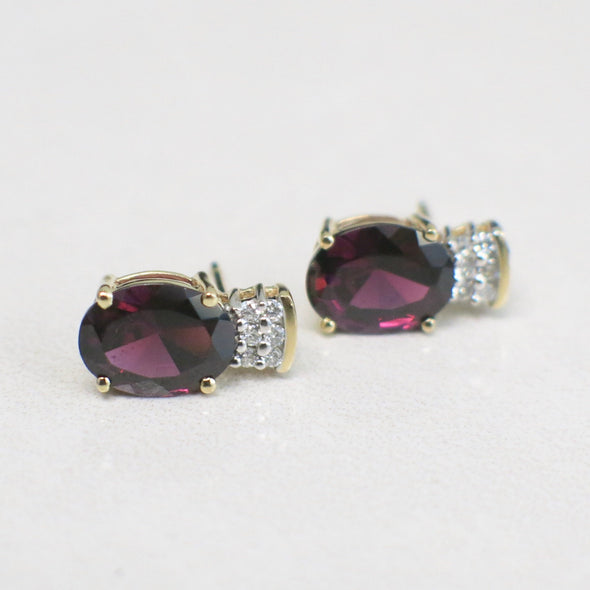 14K Yellow Gold Oval Rhodolite Garnet and Diamond Stud Earrings