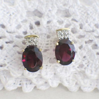 14K Yellow Gold Oval Rhodolite Garnet and Diamond Stud Earrings