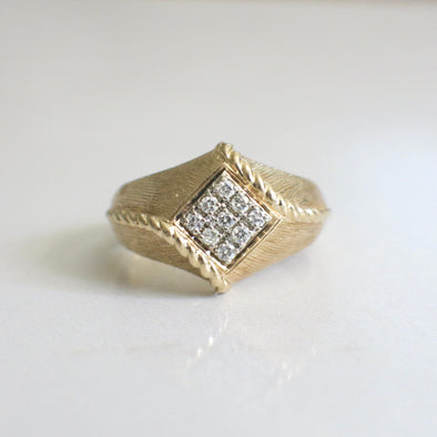 Vintage 14K Yellow Gold Men's Diamond Ring with Braided Rope Detail, Brushed Textured Band
