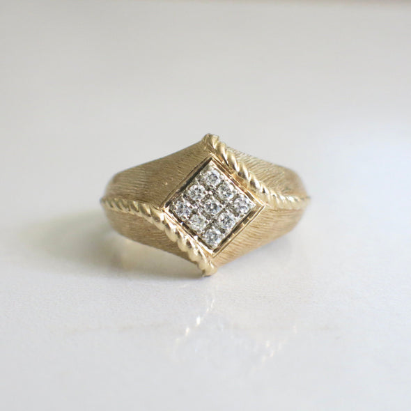 Vintage 14K Yellow Gold Men's Diamond Ring with Braided Rope Detail, Brushed Textured Band
