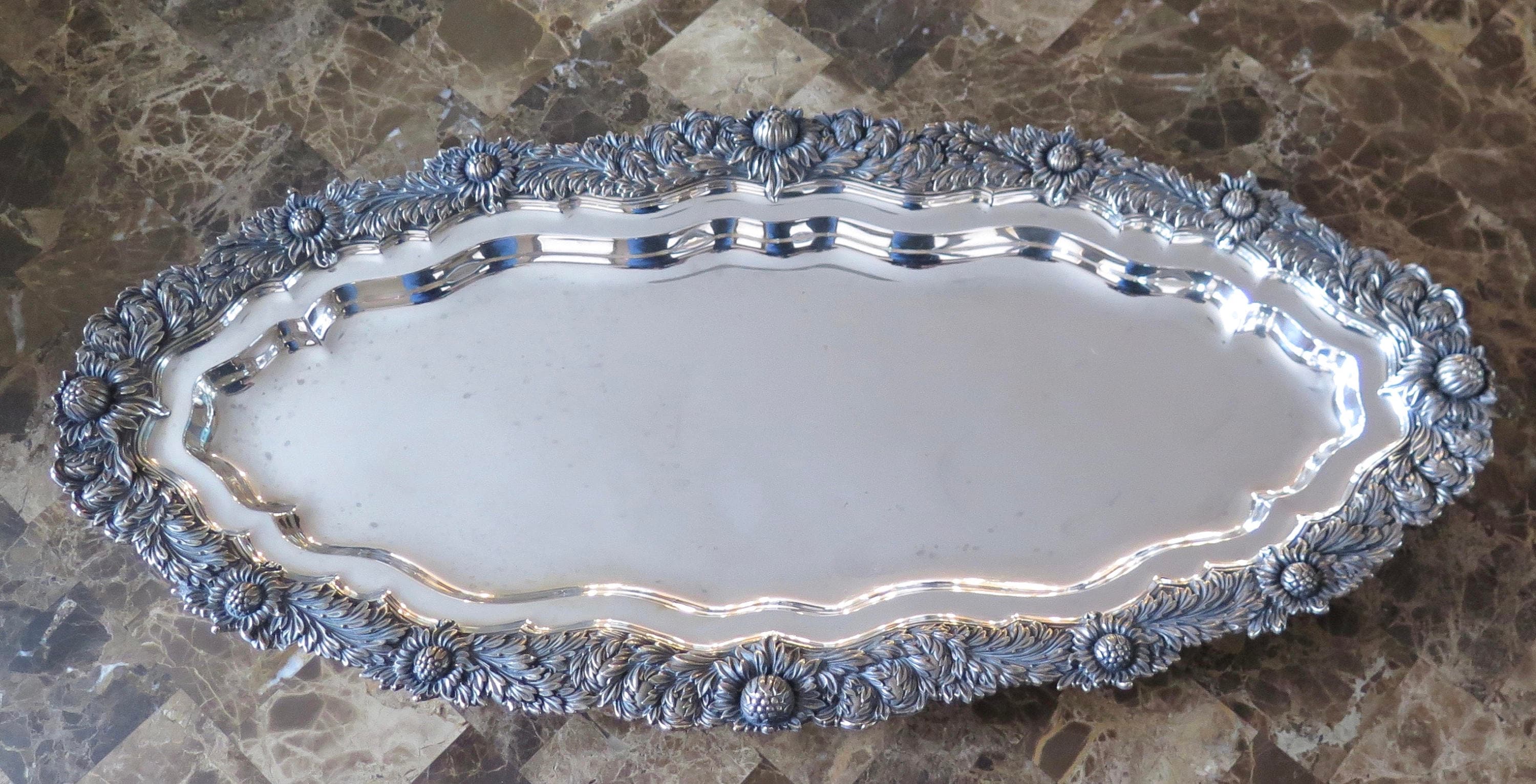 Tiffany & Co. Chrysanthemum Sterling Silver Fish Platter – Antique 26¼" Ornate Tray (1879–1880) - Black Market LLC