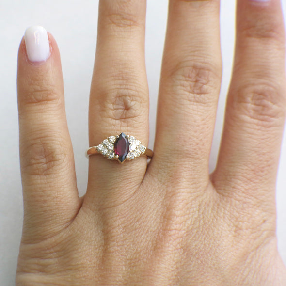 14K Gold Marquise Garnet Ring with Diamond Clusters Vintage Style 6.5
