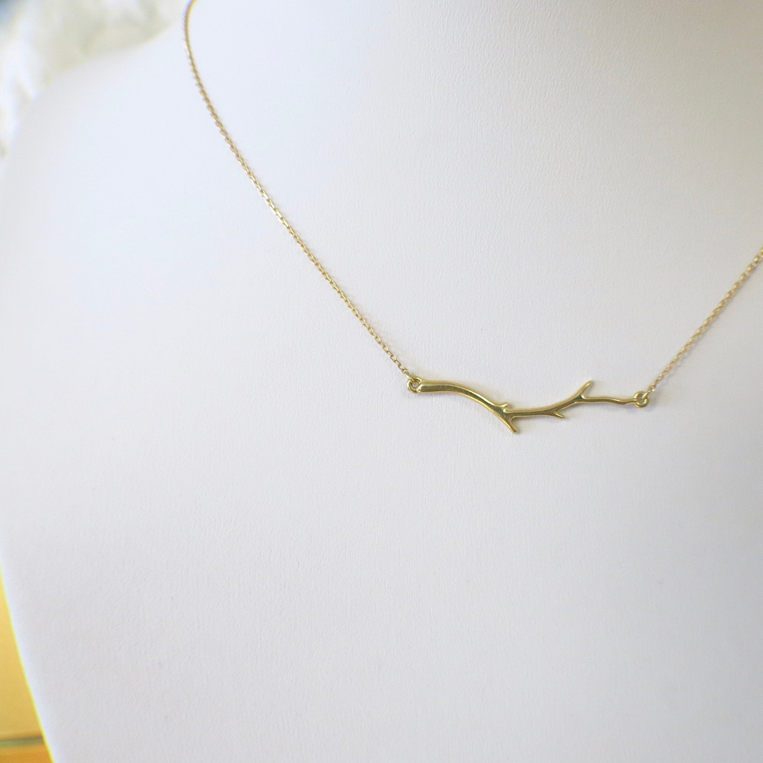 14K Gold Branch Bar Necklace | Nature-Inspired Leaf Twig Layering Necklace Adjustable 16–18 Inch - Black Market LLC