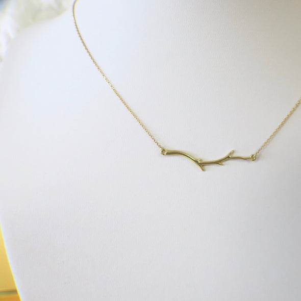 14K Gold Branch Bar Necklace | Nature-Inspired Leaf Twig Layering Necklace Adjustable 16–18 Inch