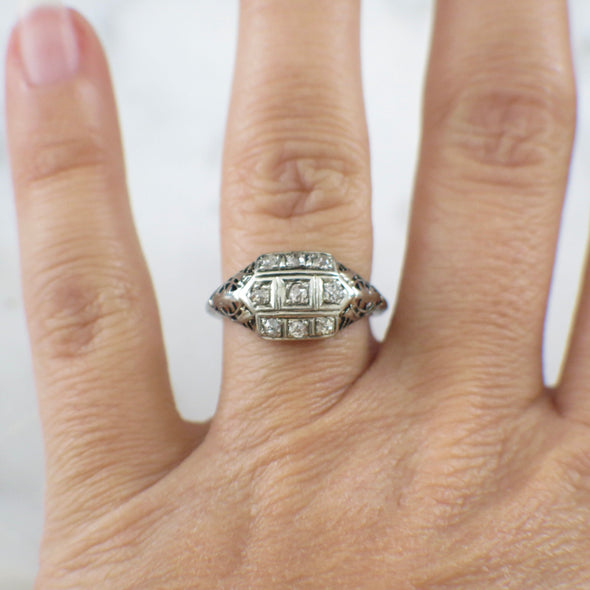 Art Deco Diamond Filigree Ring 14K White Gold Vintage Engagement .21 CTW