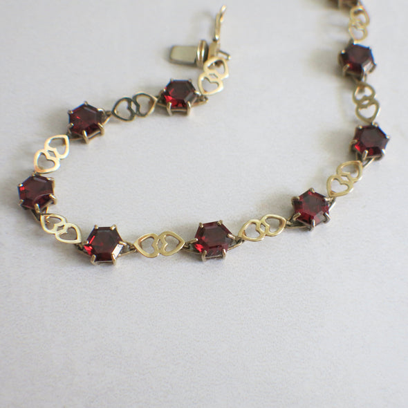 10K Yellow Gold Garnet Heart Link Bracelet, Vintage Hexagon Tennis Bracelet, January Birthstone Jewelry