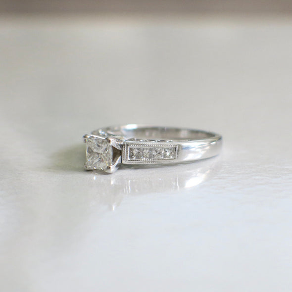 14K White Gold Princess Cut Diamond Engagement Ring with Accented Band, Vintage Milgrain Setting