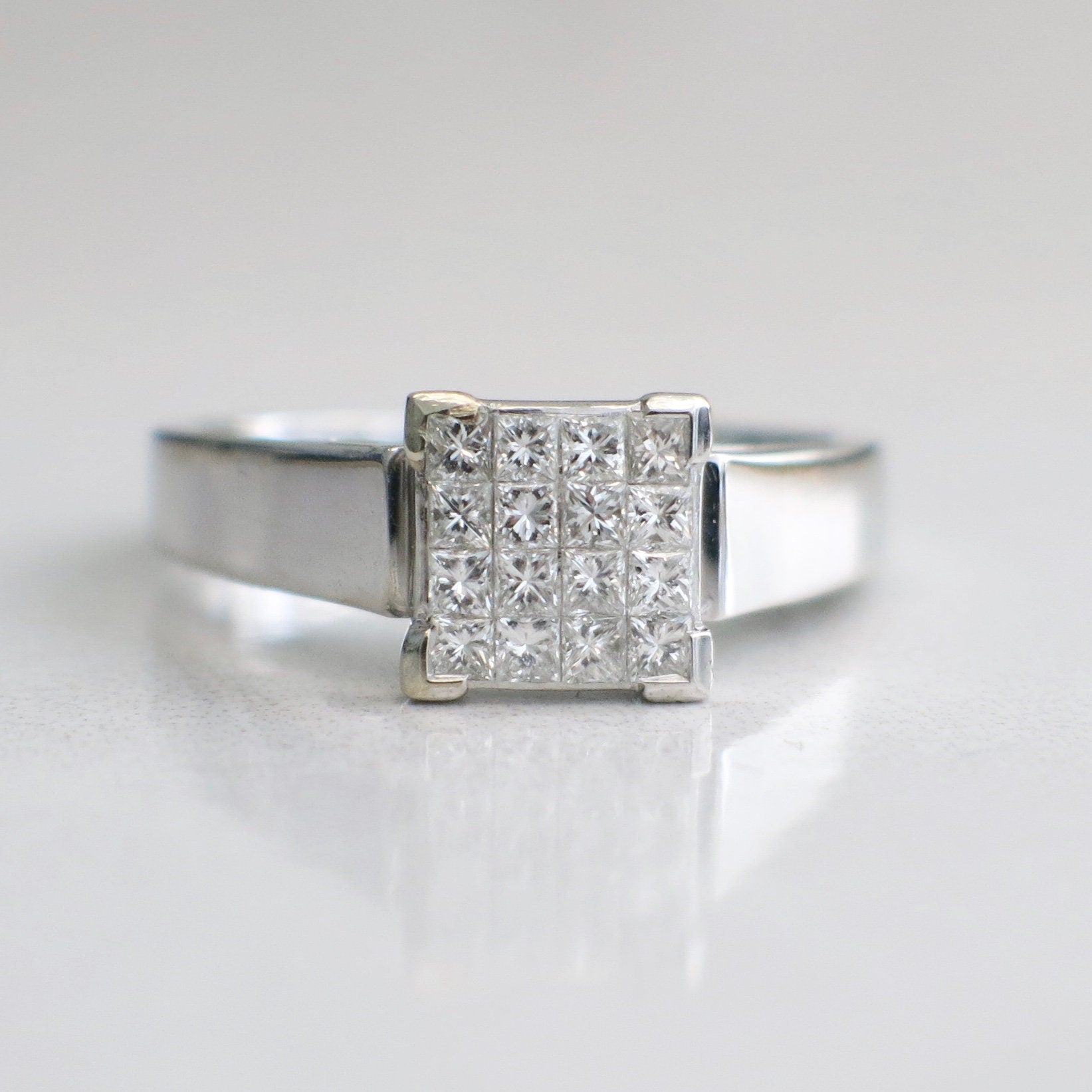 14K White Gold Princess Cut Diamond Cluster Ring Invisible Setting .50 CTW - Black Market LLC