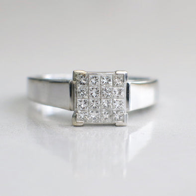 14K White Gold Princess Cut Diamond Cluster Ring Invisible Setting .50 CTW