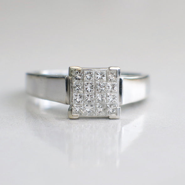 14K White Gold Princess Cut Diamond Cluster Ring Invisible Setting .50 CTW