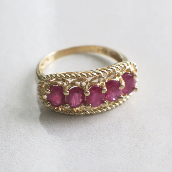 Vintage Ruby Five Stone Ring 14K Yellow Gold Oval Cut Wide Band