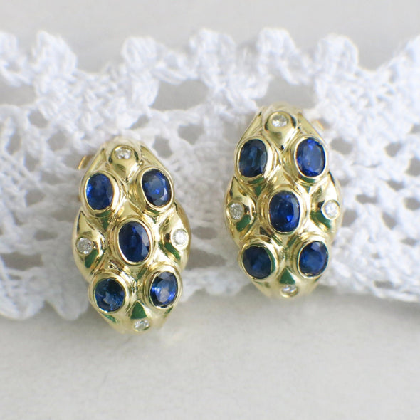 Vintage 14K Yellow Gold Sapphire and Diamond Earrings | Oval Sapphires | French Clip Backs | September Birthstone Gift