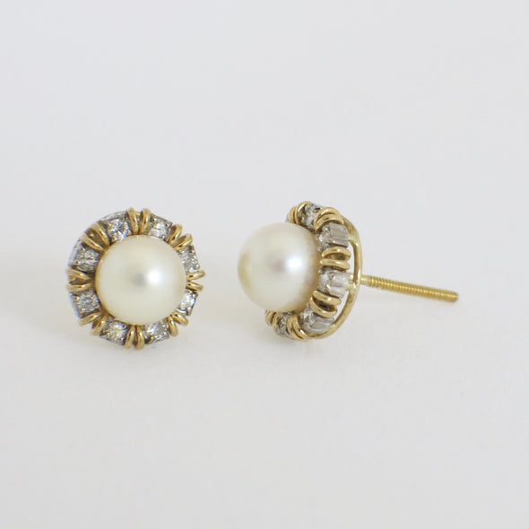 Vintage Pearl and Diamond Earrings | 18K Two-Tone Gold Halo Studs with Threaded Backs