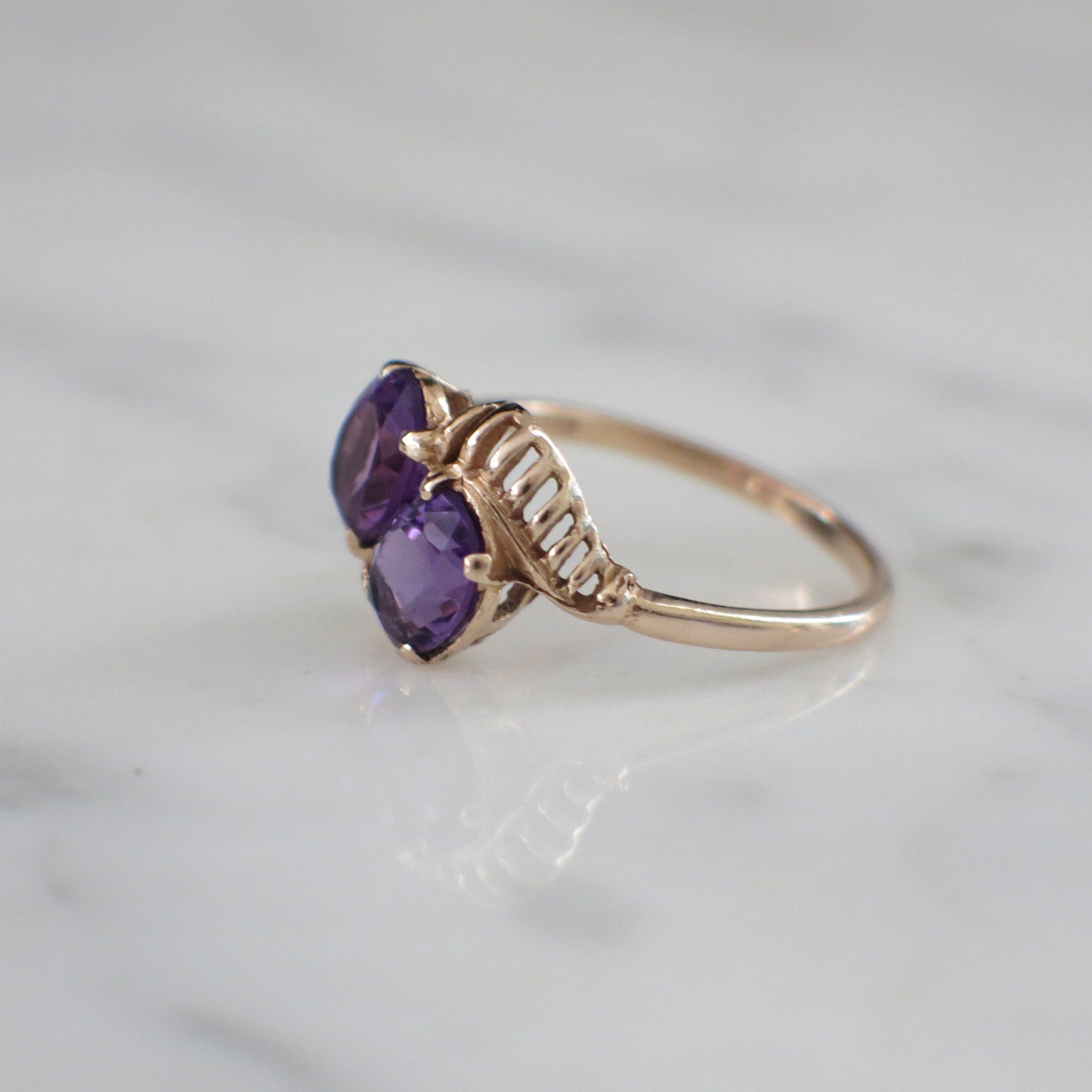 14K Yellow Gold Double Oval Amethyst Ring | Vintage Style Statement Ring Size 7.5 - Black Market LLC