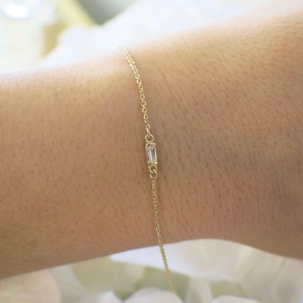 14K Gold Diamond Baguette Bar Bracelet | Dainty Stackable Layering Gift