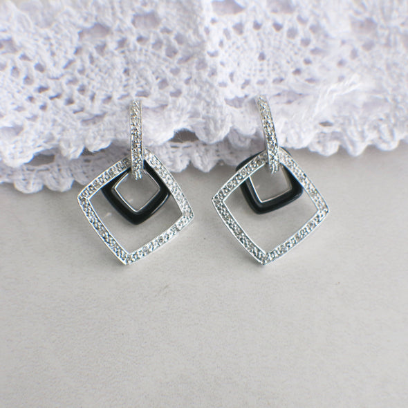 14K White Gold Black Enamel and Diamond Dangle Earrings | Milgrain Detail | Art Deco Style Drop Earrings | .16 CTW | Vintage Look