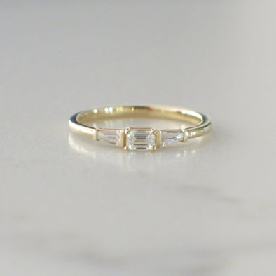 14K Yellow Gold Three Stone Stackable Diamond Emerald Cut Ring