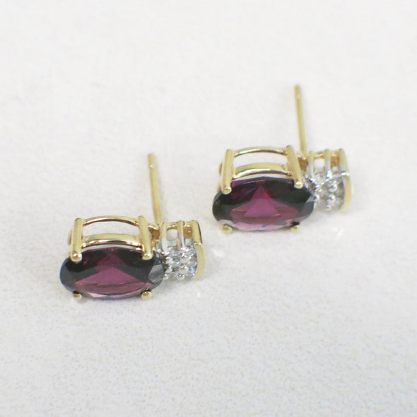 14K Yellow Gold Oval Rhodolite Garnet and Diamond Stud Earrings