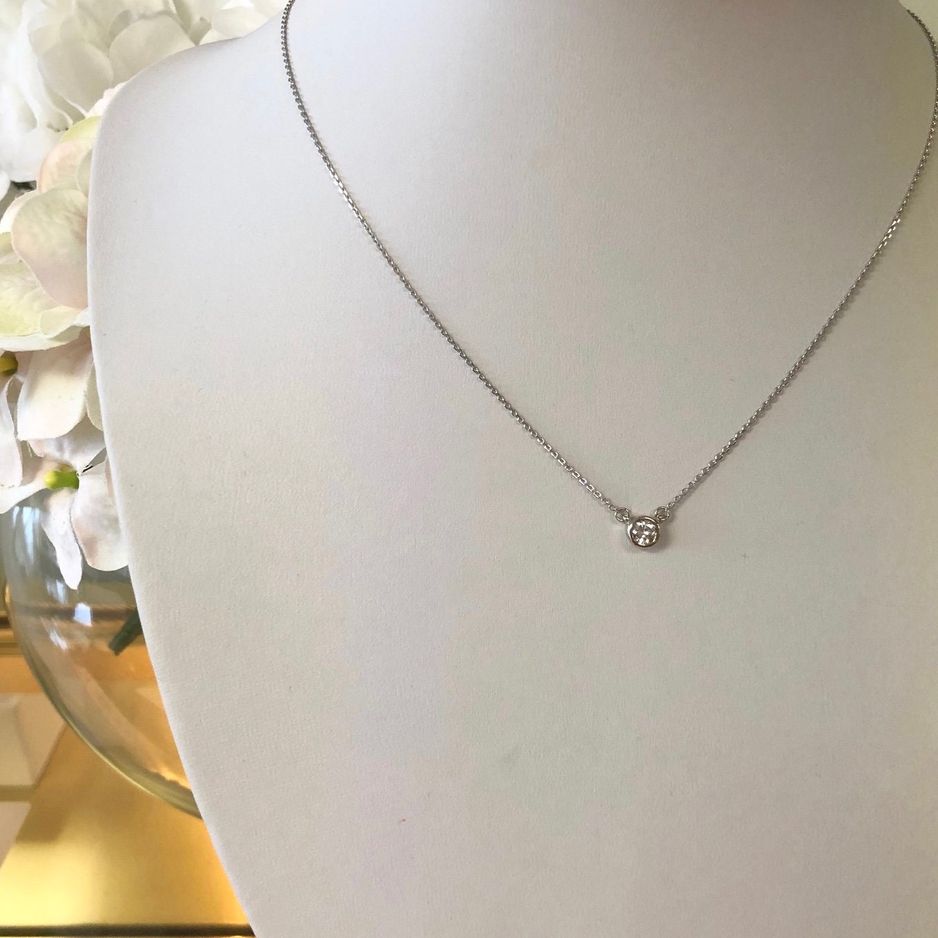 14K Gold Diamond Bezel Necklace | Custom Solitaire Pendant 16 or 18 Inch - Black Market LLC