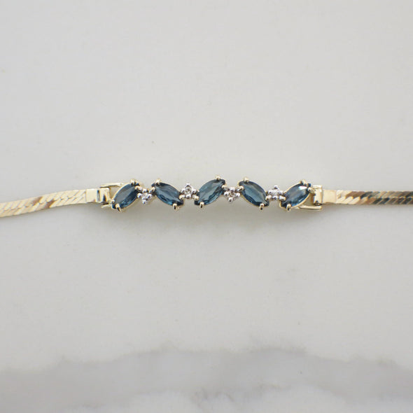 14K Yellow Gold Marquise Sapphire & Diamond Bracelet | Vintage Alternating Blue Gemstone Design 7 Inch
