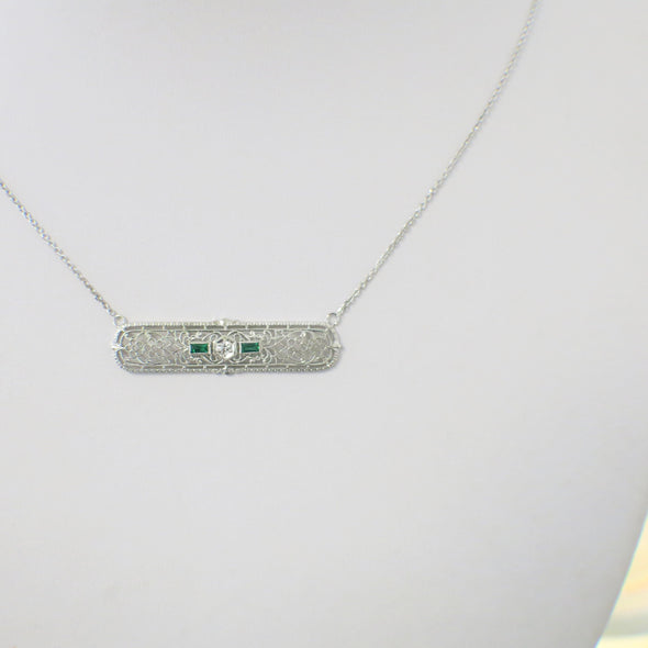 1920s Art Deco Emerald & Diamond Filigree Pendant Necklace | 14K White Gold Bar Design