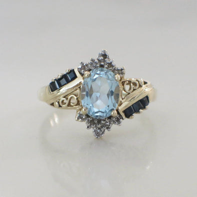 10K Yellow Gold Sky Blue Topaz Sapphire Diamond Vintage Ring Size 8