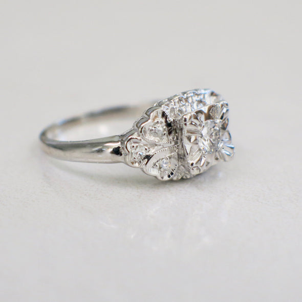 Vintage Diamond Engagement Ring 14K White Gold Milgrain Alternative Bridal