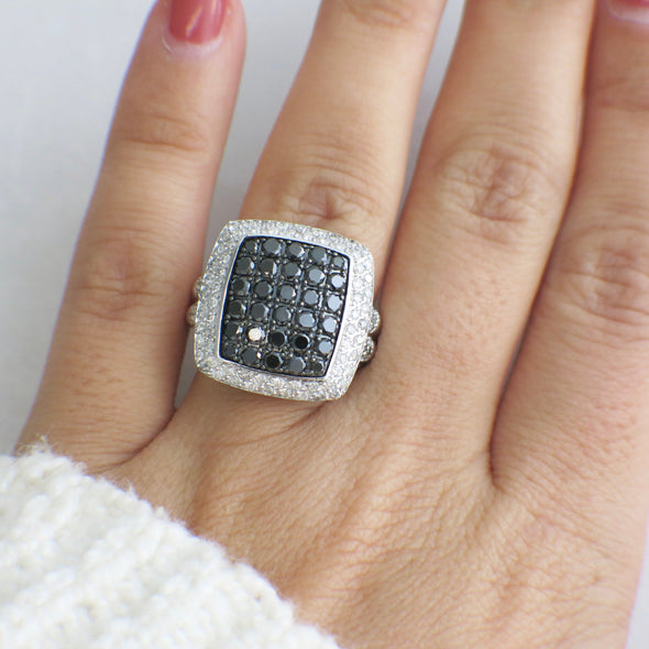 Statement Black and White Diamond Cluster Ring in 10K White Gold – Bold Cocktail Ring, 1.34 CTW