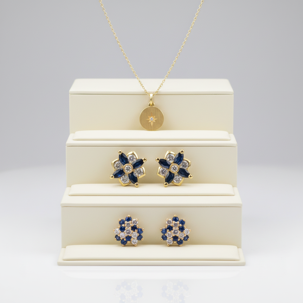 Luxury jewelry display with starburst necklace and sapphire earrings