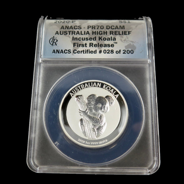 2020-P Australia 1 oz Silver Koala – High Relief Incused Design – ANACS PR70 DCAM – First Release