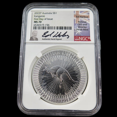 2022-P Australia $1 Silver Kangaroo – 1 oz .9999 Silver – NGC MS70 – First Day of Issue – Ed Harbuz Signed Label - Black Market LLC