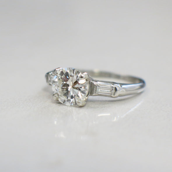 Platinum 1.40 CTW Diamond Engagement Ring with Baguette Side Stones Three Stone Ring
