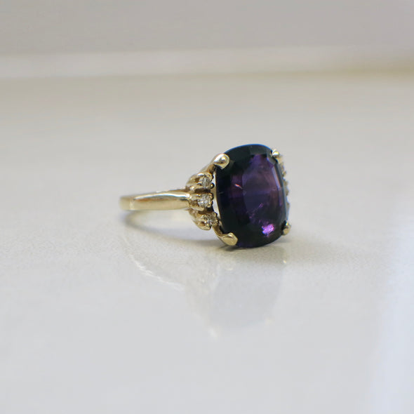 14K Yellow Gold Large Cushion Cut Purple Amethyst and Diamond Cocktail Ring
