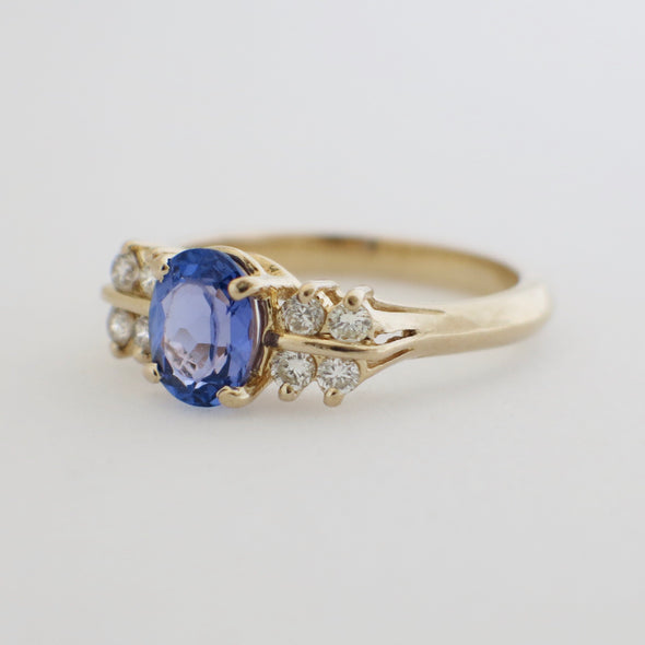 Oval Tanzanite and Double Row Diamond 14K Yellow Gold Ring
