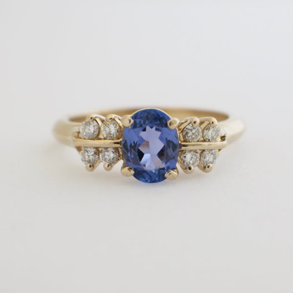 Oval Tanzanite and Double Row Diamond 14K Yellow Gold Ring