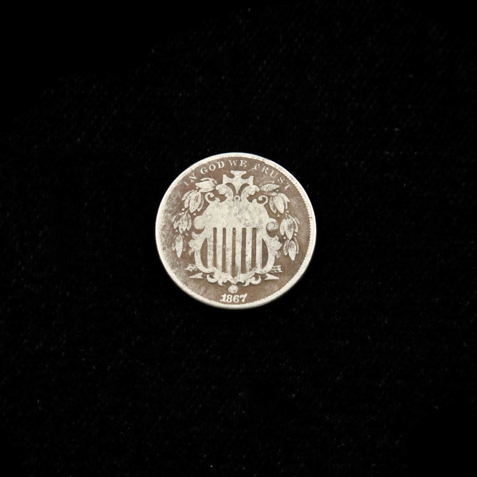 1867 Shield Nickel no rays, good condition, raw U.S. five-cent coin, Nickel type, produced by Black Market LLC