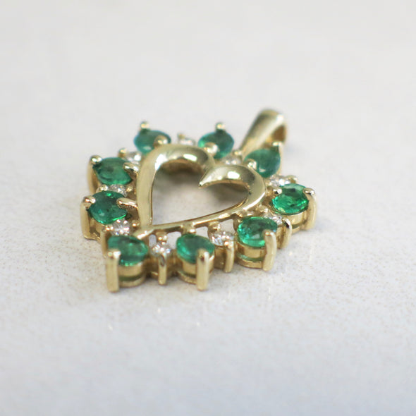 14K Yellow Gold Diamond and Emerald Heart Shaped Pendant