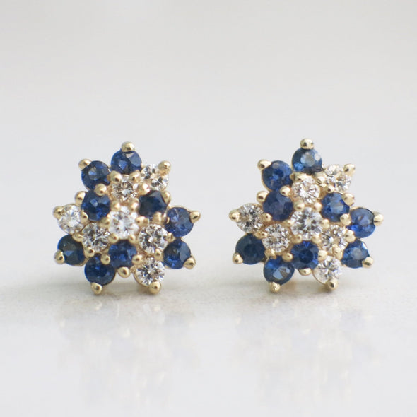 14K Yellow Gold Vintage Diamond and Sapphire Cluster Stud Earrings