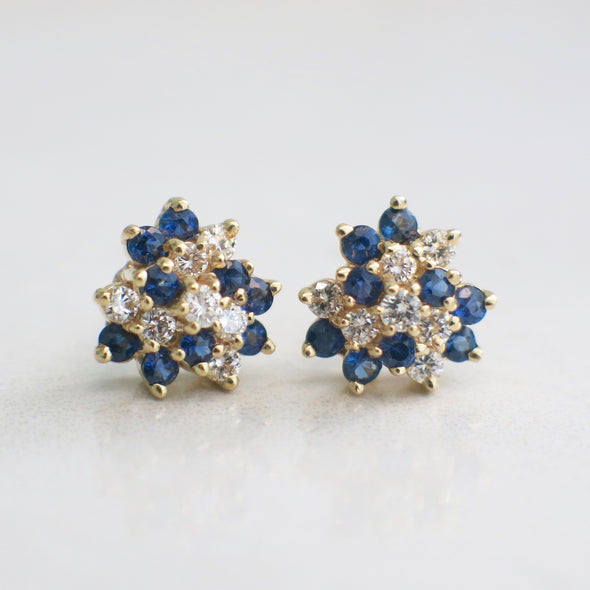 14K Yellow Gold Vintage Diamond and Sapphire Cluster Stud Earrings