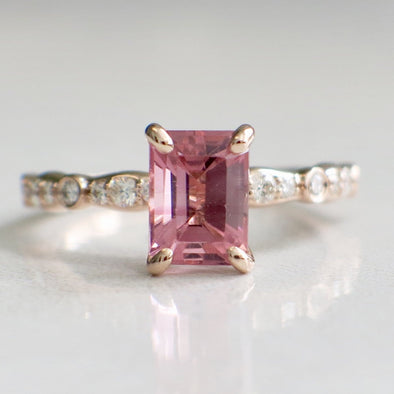 14K Rose Gold Pink Emerald Cut Tourmaline and Diamond Accented Ring