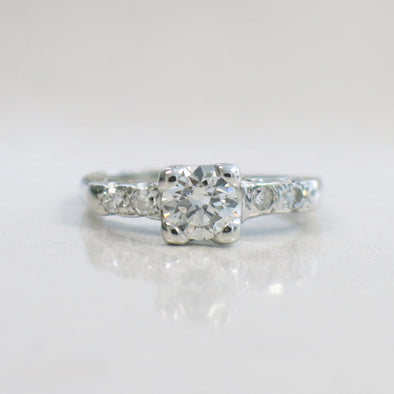 14K White Gold Vintage Round Brilliant and Single Cut Diamond Engagement Ring