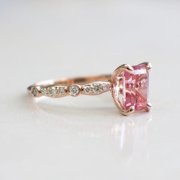 14K Rose Gold Pink Emerald Cut Tourmaline and Diamond Accented Ring