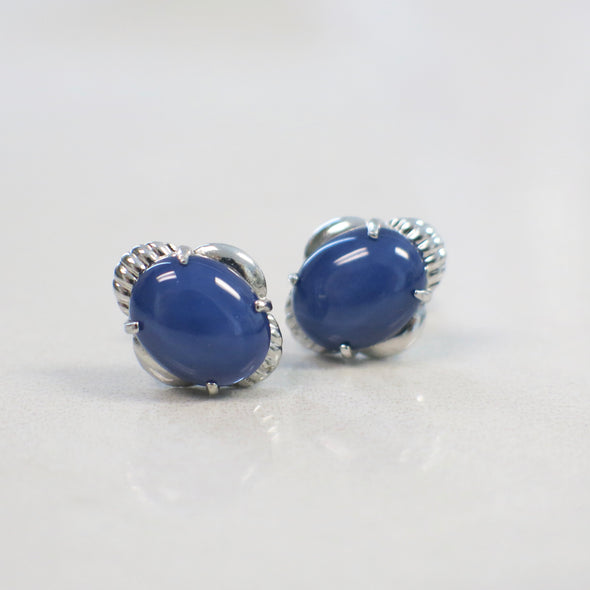18K White Gold Oval Synthetic Star Sapphire Stud Earrings