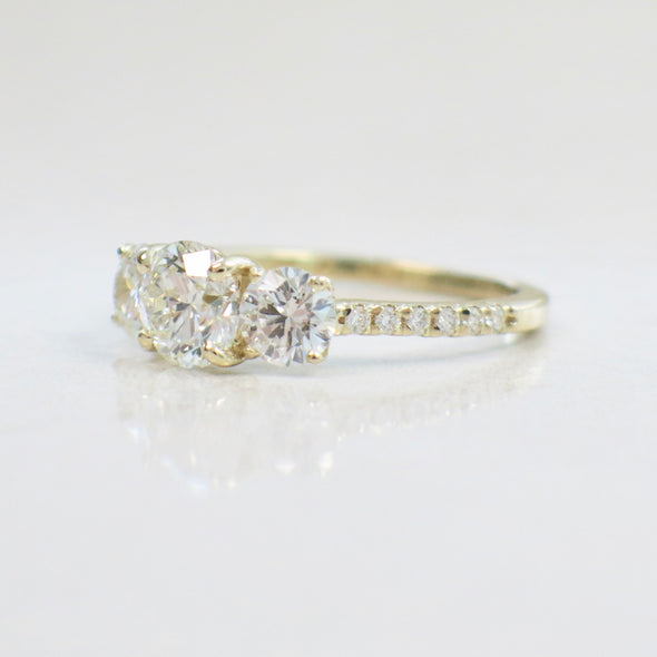 Three Stone Natural Diamond 14K Yellow Gold Engagement Ring with Diamond Accented Band