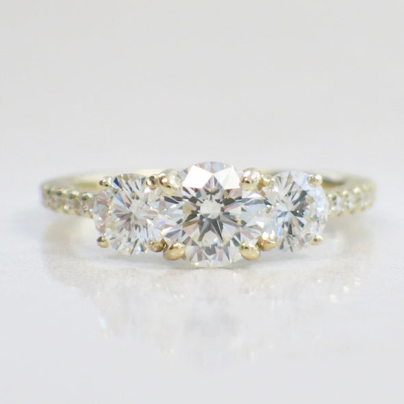 Three Stone Natural Diamond 14K Yellow Gold Engagement Ring with Diamond Accented Band